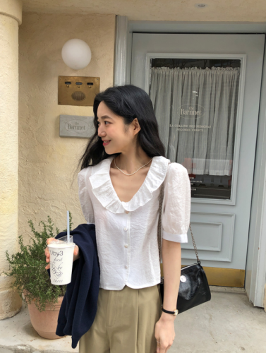 Korean ins summer wrinkled short-sleeved shirt for women single-breasted shirt