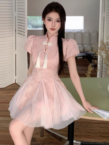 新中式重工改良旗袍粉色气质短款连衣裙女夏季小众流苏国风公主裙