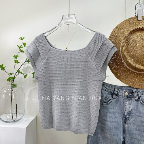 Fungus ruffle layered small flying sleeves exposed collarbone short-sleeved sweater for women summer retro chic design top