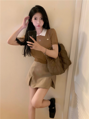 Actual shot ~ POLO collar knitted short-sleeved T-shirt for women with spliced ​​sweet hot girl top + a-line suit skirt pants