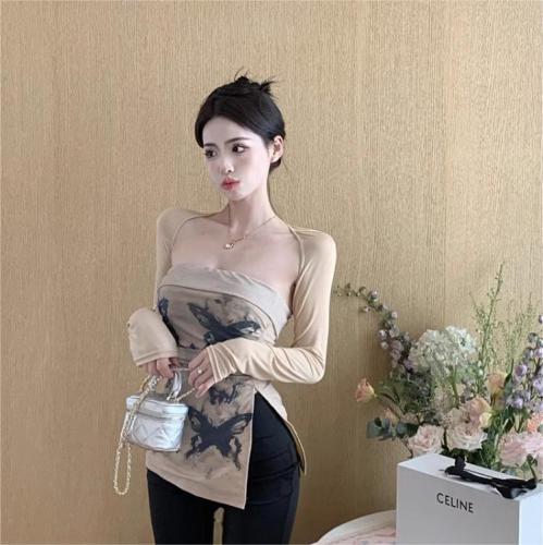2024 New Early Autumn French Gentle Butterfly Ink Print Tube Top Versatile Temperament Sun Protection Long Sleeve Women