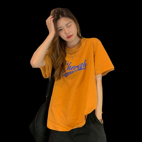 Actual shot of 200g pure cotton 2024 new Korean version loose printed letters casual short-sleeved T-shirt women's tops