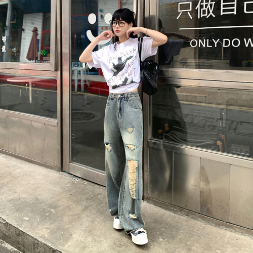 Actual shot ~ 2024 new summer Korean style versatile ripped complex washed summer refreshing ripped jeans for women