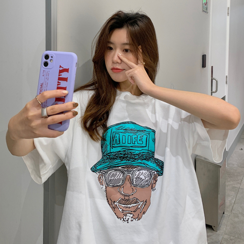 Actual shot of 200g pure cotton 2024 spring and summer retro portrait printing loose mid-length short-sleeved T-shirt for women