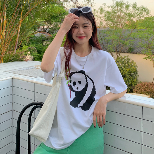 Real shot 100% cotton personalized panda print short-sleeved T-shirt for women