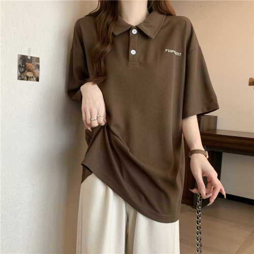 Real shot waffle POLO collar short-sleeved T-shirt women's summer loose half-sleeved T-shirt