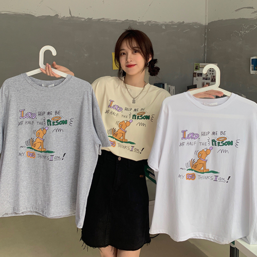 Real shot of pure cotton retro chic Hong Kong style short-sleeved T-shirt for women spring new cartoon printed T-shirt loose and trendy