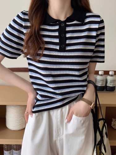 Summer design niche polo collar striped short-sleeved T-shirt for women, super popular and versatile thin knitted top for women