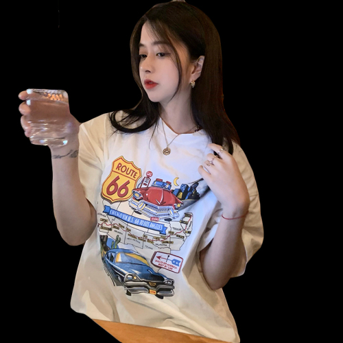 Actual shot of 200g pure cotton 2024 new American retro car printing new loose short-sleeved t-shirt for women