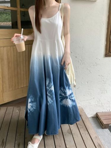Real shot of holiday style suspender dyed plant blue dress for women, summer ethnic style mid-strap A-line long skirt