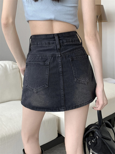 Real shot of denim skirt for women in spring new high-waisted slimming hot girl anti-exposure temperament hip-covering A-line short skirt