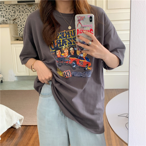 Actual shot of 2024 spring and summer new American retro character printed short-sleeved T-shirt for women