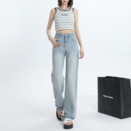 Real shot of retro nostalgic Tencel jeans, summer thin high-waist drape floor-length straight loose ice silk pants