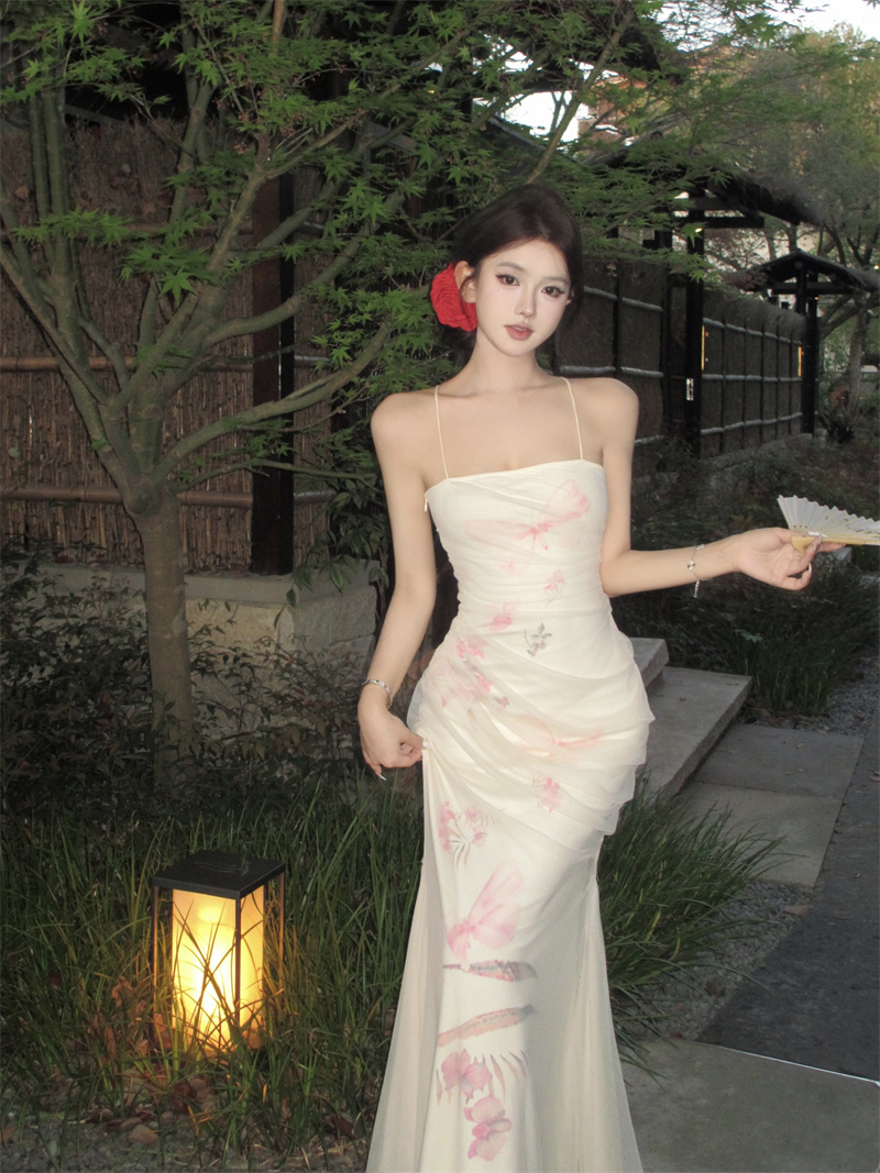 Actual shot: Designed backless butterfly print mesh dress, long fishtail suspender skirt