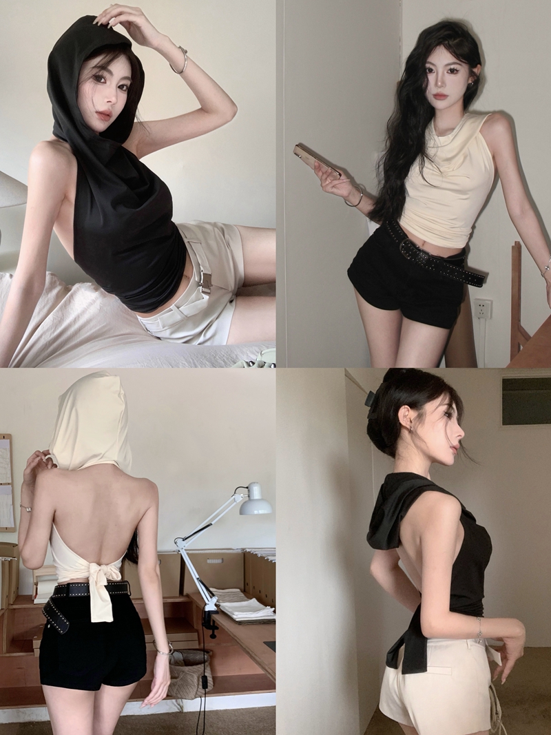 Real shot of cool rock music festival big backless hooded vest women's strappy pleated sexy sleeveless top trendy