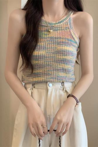 Real shot of French chic hot girl rainbow striped knitted camisole internet celebrity sleeveless short top
