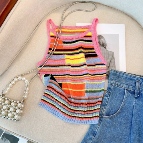 ****~Real shot of rainbow striped short knitted camisole women's summer sleeveless top