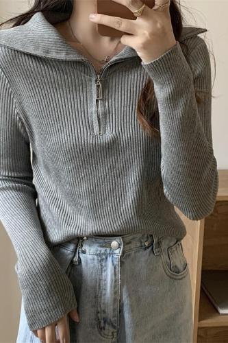 Design niche tops for fall, new style, lazy style, zipper half turtleneck, long-sleeved sweater
