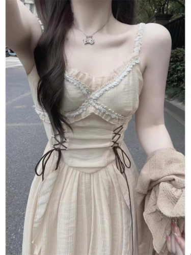 Tea break French ruffle V-neck chiffon suspender dress fairy forest style slimming seaside vacation long dress