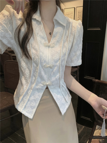 Real shot!  Chinese New Style Retro Puff Short Sleeve Lace Shirt Women's Polo Collar Button Design Top