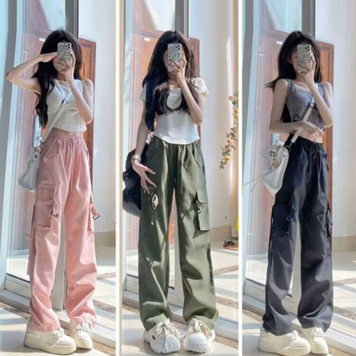 Pink overalls women's bf style summer thin high-waisted slim wide-leg straight casual American sports long pants trendy