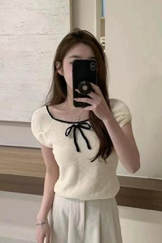 Tmall quality pure desire hottie age reduction bow short-sleeved knitted T-shirt women summer 2024 new short style