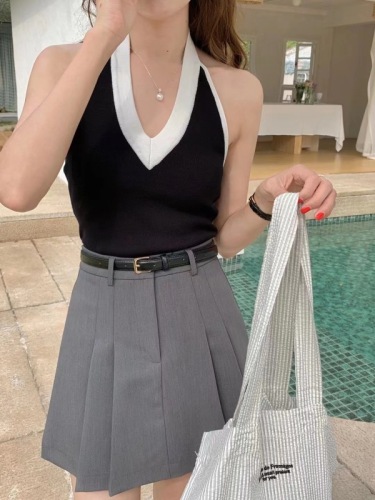 French knitted beautiful back halter small camisole women's summer outer wear color block v-neck tube top hot girl top inner wear