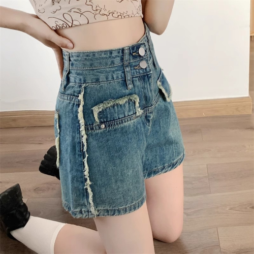 Fashionable high-waisted denim shorts for women in summer new style raw edge design versatile slimming loose retro wide-leg shorts