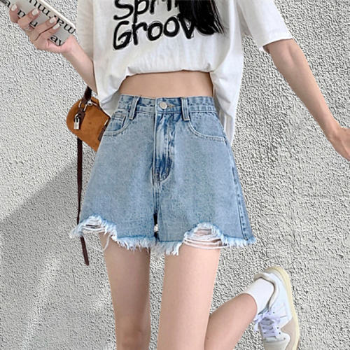 Denim shorts women's ins style summer new fat mm thin niche internet celebrity raw edge ripped high waist a line hot pants trendy