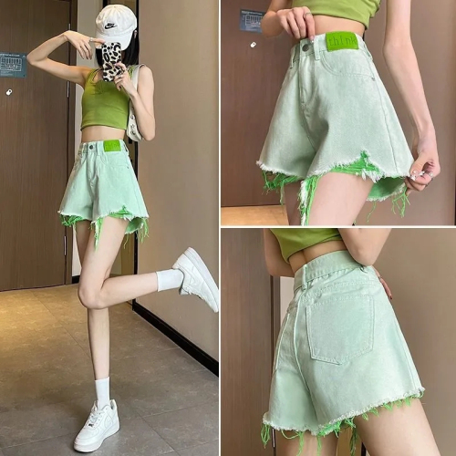 Light green ripped denim shorts for women summer thin 2024 new style high waisted loose wide leg hot pants for small people