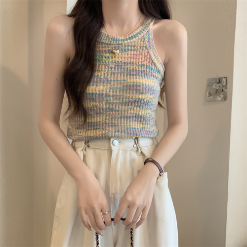 Real shot of French chic hot girl rainbow striped knitted camisole internet celebrity sleeveless short top