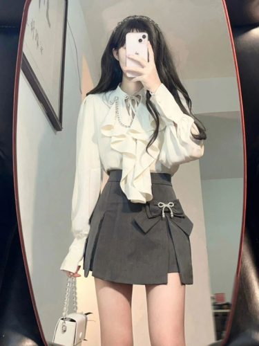 Early spring temperament, high-end, light and mature style, Hong Kong style design, niche shirt and skirt two-piece suit for women