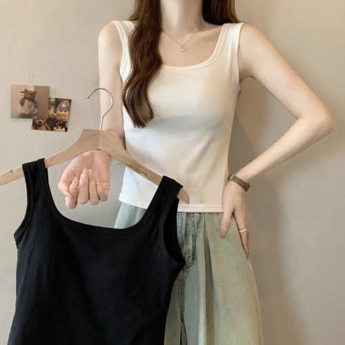 Real shot 40 count pure cotton 2024 summer camisole women's top solid color sleeveless T-shirt short slim fit bottoming shirt