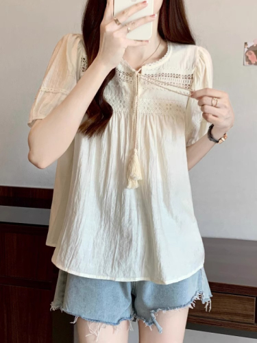 Summer 2024 new style French hollow design lace-up shirt women's thin puff short-sleeved shirt top