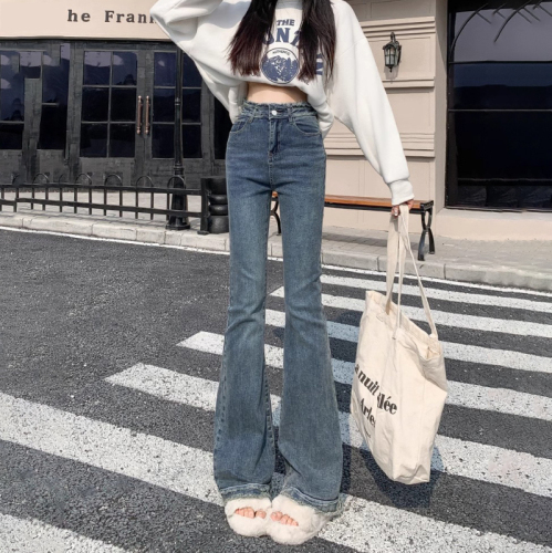 Retro blue high-waisted micro-flare jeans for women in spring and autumn new style raw edge design slim slimming hot girl horse hoof pants