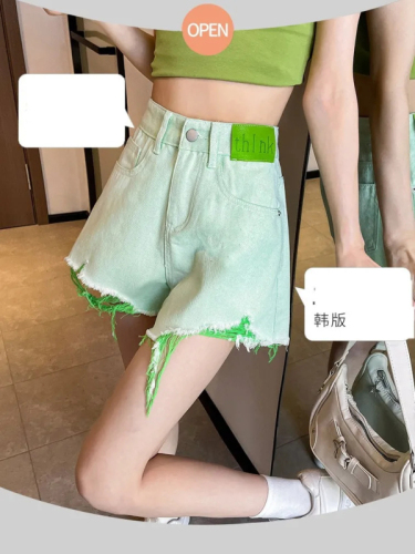 Light green ripped denim shorts for women summer thin 2024 new style high waisted loose wide leg hot pants for small people