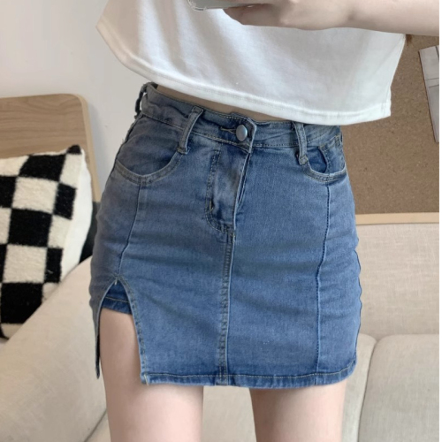 American retro high-waisted denim skirt for women summer new hot girl elastic slimming slim hip short skirt trendy