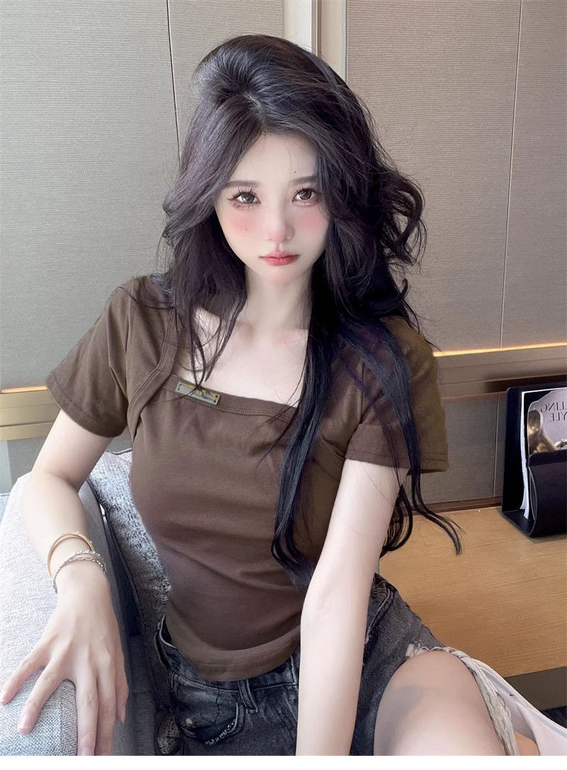 Official picture 6535 stretch cotton Hong Kong style square collar discreet curved short-sleeved T-shirt feminine collarbone bottoming shirt top