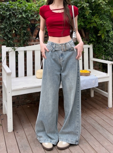 Actual shot #New loose denim trousers for women with belt design straight wide leg floor mopping trousers