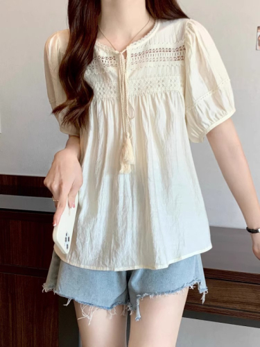 Summer 2024 new style French hollow design lace-up shirt women's thin puff short-sleeved shirt top