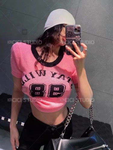 2024 spring and summer new style American hot girl letter jacquard short top women's slim round neck short-sleeved sweater