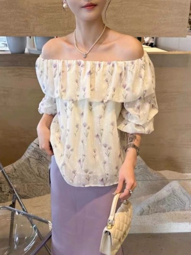 French sweet puff mid-sleeve floral shirt for women 2024 summer new fashion style one-line collar off-shoulder chiffon top