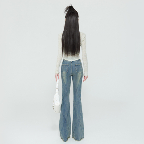 Actual shot of spring and autumn high-waisted new American-style high street retro topstitched double-button bootcut jeans