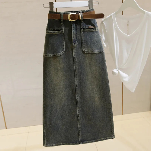 Mid-length denim skirt for women high-waisted 2024 spring and autumn new style retro loose slimming slit A-line hip skirt