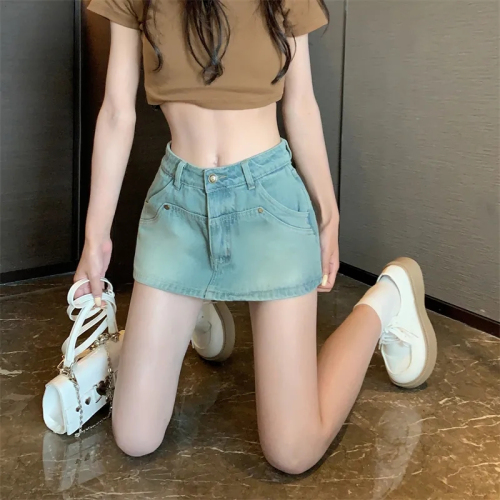 Hong Kong style retro hottie denim skirt for women summer high-waist slim slimming A-line hip-hugging short skirt culottes ins trend
