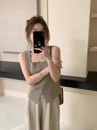 French square neck knitted camisole women's inner wear design niche short bottoming top sleeveless slim fit