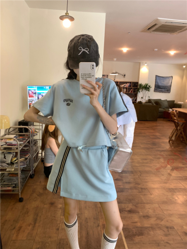 Actual shot Korean style sports casual suit short-sleeved T-shirt half skirt pants suit