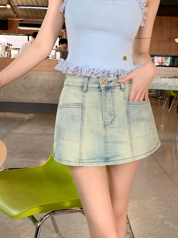 Actual shot #New denim skirt for women with design sense washed and worn a-line hot girl short skirt