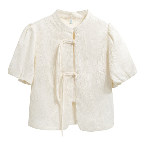 Stand collar puff sleeve shirt women's summer short-sleeved design niche retro jacquard new Chinese style plate button short top