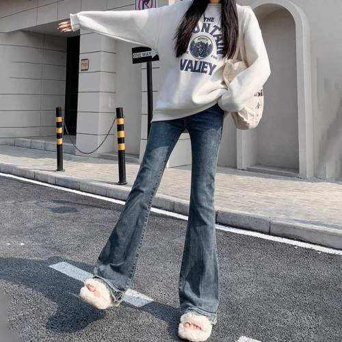 Retro blue high-waisted micro-flare jeans for women in spring and autumn new style raw edge design slim slimming hot girl horse hoof pants